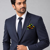 Multi Doodle Art pocket square — formal model · navy and tie.