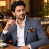 Multi Doodle Art pocket square — restaurant lifestyle.