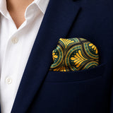 Mustard Botanical pocket square — navy jacket · wearing detail.