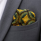 Mustard Botanical pocket square — close-up wearing detail.