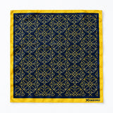 Navy and Gold Rugs pocket square — full flat product.