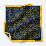 Navy and Gold Rugs pocket square — unfolded studio detail.