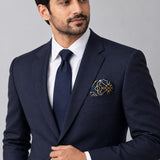 Navy and Gold Rugs pocket square — formal model · navy and tie.