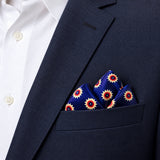 Navy Blue and Gold Reversible pocket square — navy jacket · alternate fold.