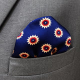 Navy Blue and Gold Reversible pocket square — close-up wearing detail.