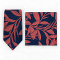 Navy Coral Laurel Leaf silk tie and matching pocket square — Polished folded pair
