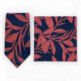Navy Coral Laurel Leaf silk tie and matching pocket square — Polished folded pair