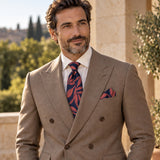 Navy Coral Laurel Leaf silk tie and matching pocket square — Dark beige · terrace tailoring