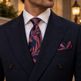 Navy Coral Laurel Leaf silk tie and matching pocket square — Midnight blue · evening detail