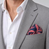 Navy Coral Laurel Leaf Silk Pocket Square — light jacket · rounded puff.