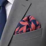 Navy Coral Laurel Leaf Silk Pocket Square — close-up wearing detail.