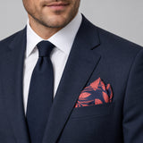 Navy Coral Laurel Leaf Silk Pocket Square — formal model · navy and tie.