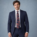Navy Coral Laurel Leaf Silk Tie — Navy suit portrait