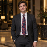 Navy Coral Laurel Leaf Silk Tie — Charcoal suit evening