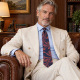 Navy Coral Laurel Leaf Silk Tie — Ivory jacket lifestyle