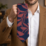Navy Coral Laurel Leaf Silk Tie — Handheld tie blade detail