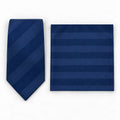 Navy Sateen Stripe silk tie and matching pocket square — Polished folded pair