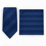 Navy Sateen Stripe silk tie and matching pocket square — Polished folded pair