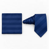 Navy Sateen Stripe silk tie and matching pocket square — Natural coiled pair