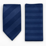 Navy Sateen Stripe silk tie and matching pocket square — Matching weave and hem