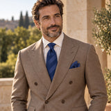 Navy Sateen Stripe silk tie and matching pocket square — Dark beige · terrace tailoring