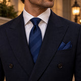 Navy Sateen Stripe silk tie and matching pocket square — Midnight blue · evening detail