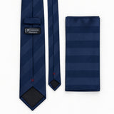 Navy Sateen Stripe silk tie and matching pocket square — Rear construction and matching fold