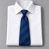 Navy Sateen Stripe Silk Tie — White shirt product flatlay