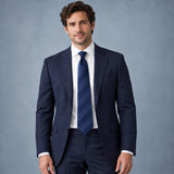 Navy Sateen Stripe Silk Tie — Navy suit portrait