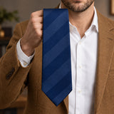 Navy Sateen Stripe Silk Tie — Handheld tie blade detail