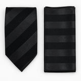 Noir Shadow Stripe silk tie and matching pocket square — Matching weave and hem