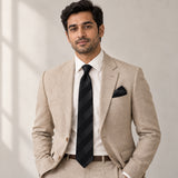 Noir Shadow Stripe silk tie and matching pocket square — Light beige · studio portrait