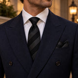 Noir Shadow Stripe silk tie and matching pocket square — Midnight blue · evening detail