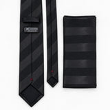 Noir Shadow Stripe silk tie and matching pocket square — Rear construction and matching fold