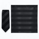Noir Shadow Stripe silk tie and matching pocket square — Full square · overhead pair