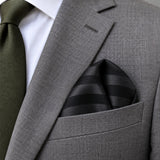 Noir Shadow Striped Silk Pocket Square — Close-up wearing detail