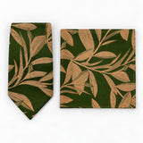 Olive Laurel Leaf silk tie and matching pocket square — Polished folded pair
