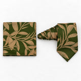 Olive Laurel Leaf silk tie and matching pocket square — Natural coiled pair
