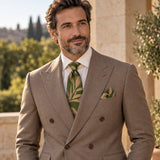 Olive Laurel Leaf silk tie and matching pocket square — Dark beige · terrace tailoring