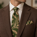 Olive Laurel Leaf silk tie and matching pocket square — Tobacco brown · notch lapel