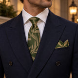Olive Laurel Leaf silk tie and matching pocket square — Midnight blue · evening detail