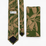 Olive Laurel Leaf silk tie and matching pocket square — Rear construction and matching fold