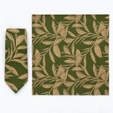 Olive Laurel Leaf silk tie and matching pocket square — Full square · overhead pair