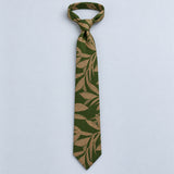 Olive Laurel Leaf Silk Tie — Relaxed knotted layout