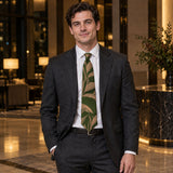 Olive Laurel Leaf Silk Tie — Charcoal suit evening