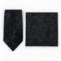 Onyx Damask Scroll silk tie and matching pocket square — Polished folded pair