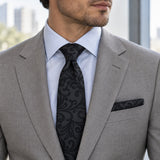 Onyx Damask Scroll silk tie and matching pocket square — Stone grey · pale blue shirt