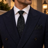 Onyx Damask Scroll silk tie and matching pocket square — Midnight blue · evening detail
