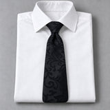 Onyx Damask Scroll Silk Tie — White shirt product flatlay