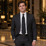 Onyx Damask Scroll Silk Tie — Charcoal suit evening